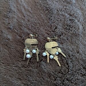 Vintage Gold Key and Pearl Dangle Earrings